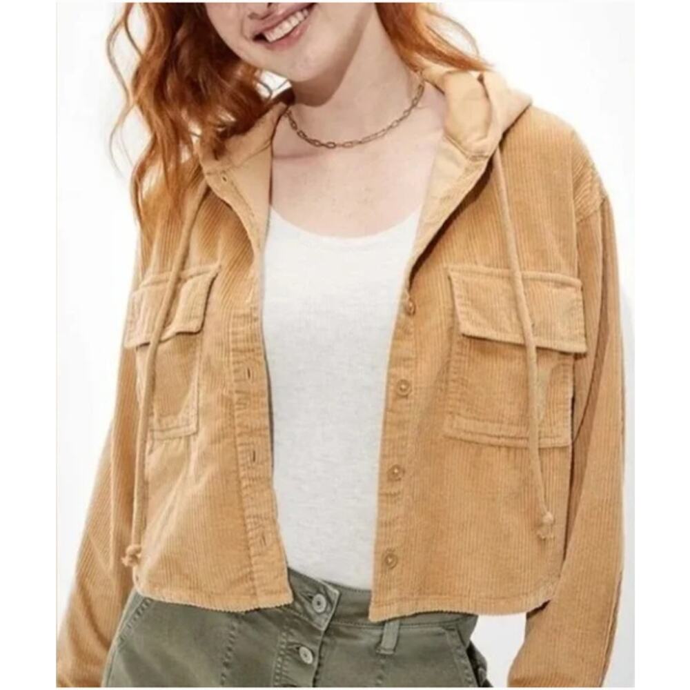 American Eagle Corduroy Cropped Jacket Hooded Tan Patch Pockets NWT L